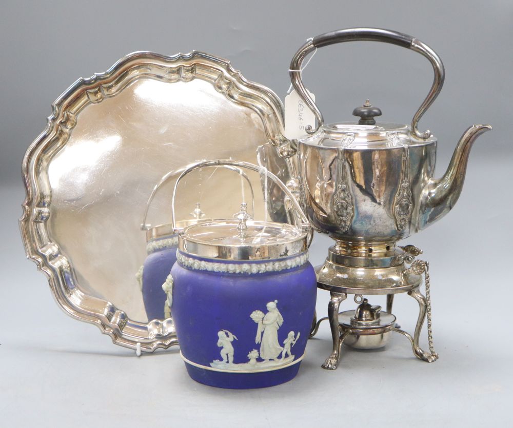 A silver plated kettle, stand and burner, a piecrust salver and a Wedgwood style mounted biscuit barrel